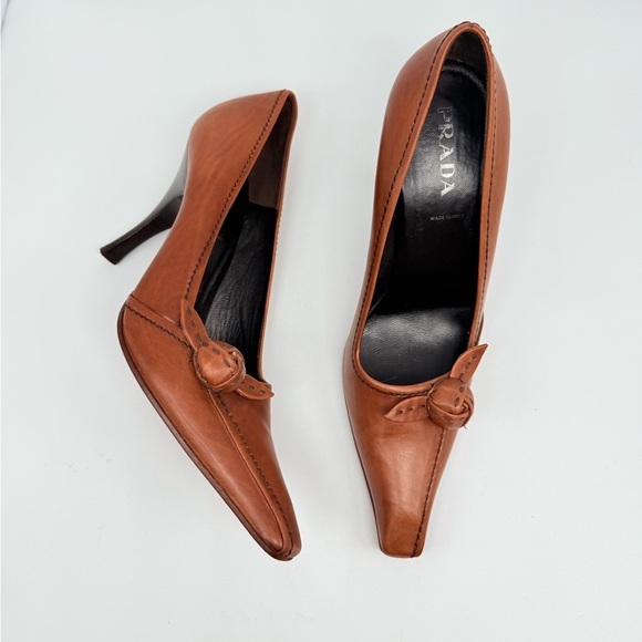 Prada Shoes - Prada Vintage Brown Leather 3D flower appilique square toe 100mm pumps EU37
